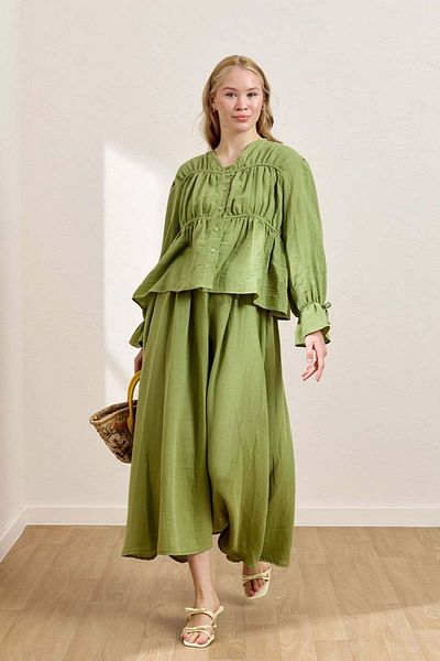 Ceylan Otantik Pistachio Green Muslin Piping Blouse & Balloon Skirt Set