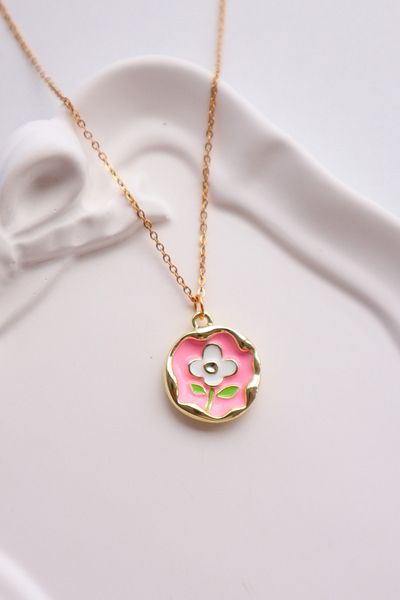 EFBUTİK Pink Enameled Magnolia Flower Imported Necklace with Gold Color Chain