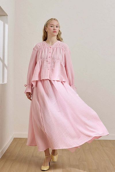 Ceylan Otantik Pink Muslin Blouse & Balloon Skirt Set