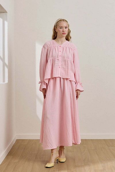 Ceylan Otantik Pink Muslin Blouse & Balloon Skirt Set