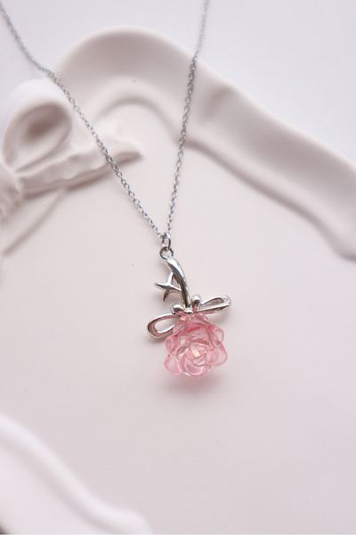 EFBUTİK Pink 3D Rose Dimensional Imported Necklace with Silver Color Chain
