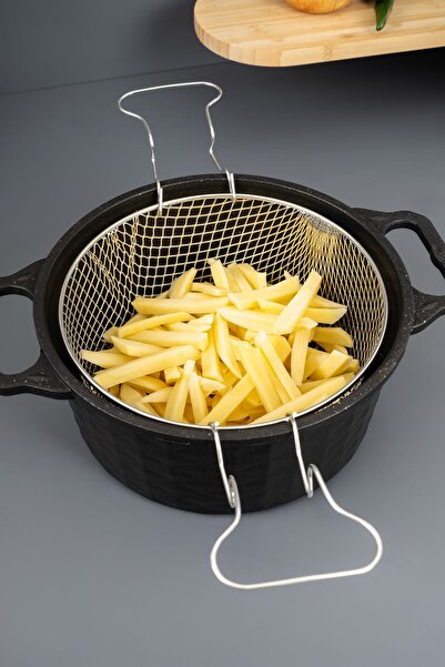 Homekolik 3 Piece Black Cast Granite Frying Pot 24 cm – with Oil Strainer, Glass Lid, Fireproof Non-Stick