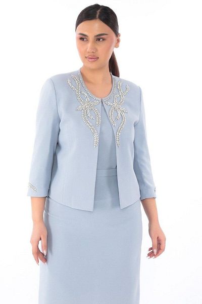 MİSS DİAMOND Gray Short Skirt Triple Suit with Stone Detail on Collar and Sleeve