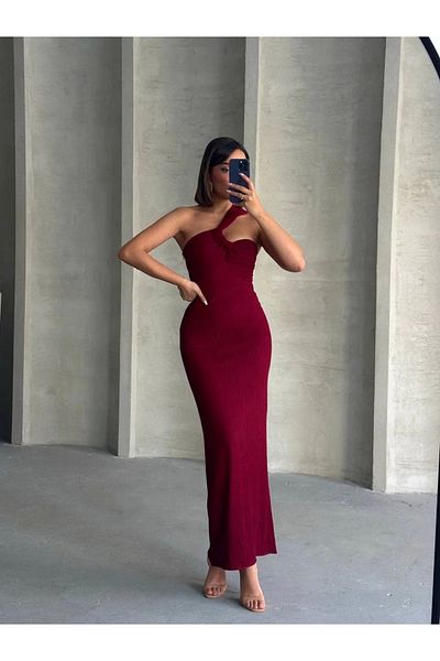 KAZAX Rochie lungă Crinkle cu un singur umăr Roșu Claret S25455