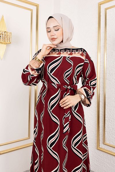 Tesettür Dünyası Rochie din viscoză cu model trandafiri TSD250178 Roșu Claret