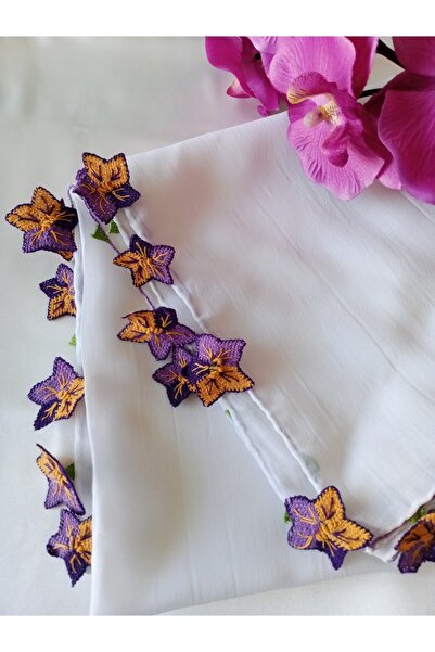 Pervin Ablacım White Chiffon Scarf 4 Edge Needlepoint Violet Handmade