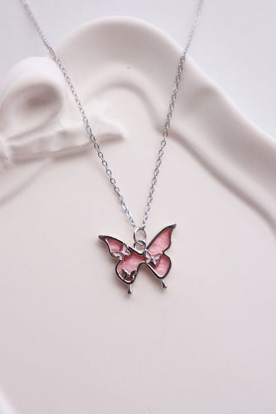 EFBUTİK Pink Butterfly Melting Imported Necklace with Silver Color Chain