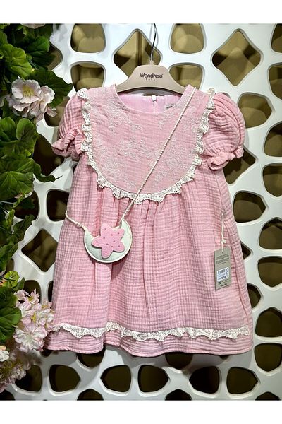 MİNYON BABY Embroidery Detailed Muslin Fabric Drawstring Star Detailed Bag Dress