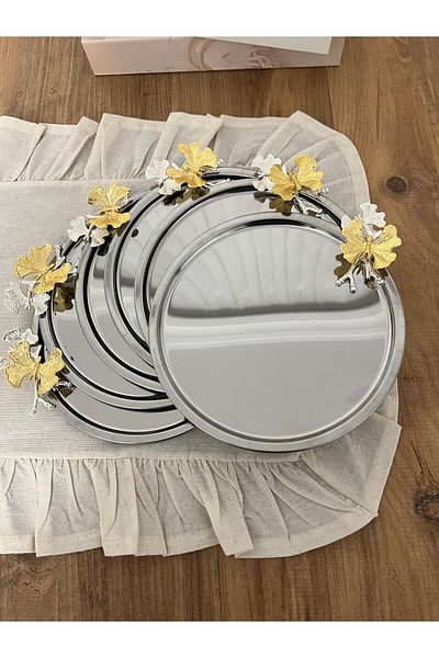 Maglor 6-Piece Luxury Stainless Steel Round Butterfly Tea, Coffee, Pastry Serving Tray Decorative Presentation Tray