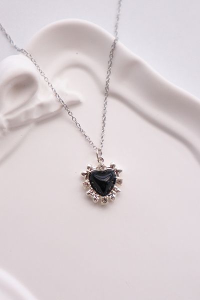 EFBUTİK Silver Color Chain Bow Stone Detail Black Imported Necklace