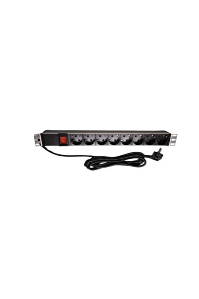 19" 1U PDU: 8 X SCHUKO TİP SOKETLİ, ON-OFF DÜĞMELİ, 1,5M 3X1.5MM2 CEE 7/7 TİP FİŞLİ KABLOLU