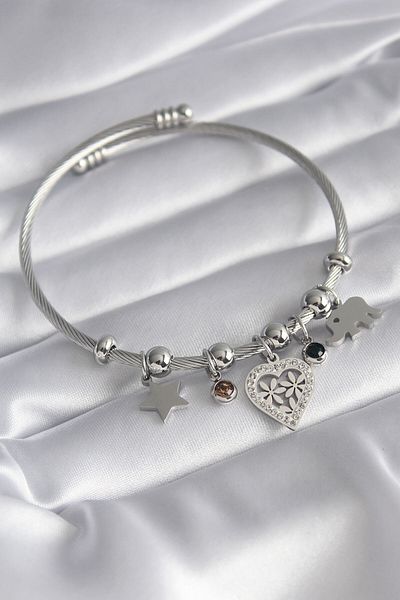 Skygo 316L Steel Silver Color Zircon Stone Heart Figure Elephant Detail Charm Model Women's Bracelet - TJ-BB5835