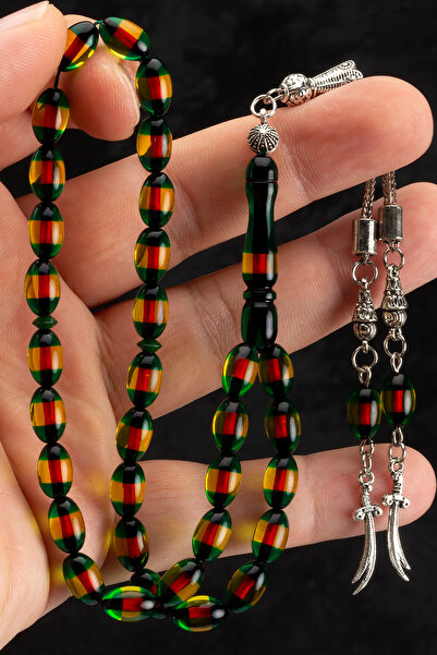 OTTOTESBİH Erkek 7x11mm Zülfikar Kılıcı Tasarım Yeşil Sarı Kırmızı Sürmeli Toz Kehribar Tesbih