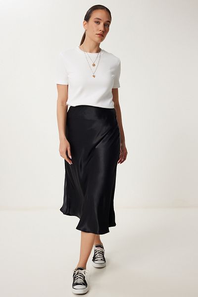 Lovelyİstanbul Fusta Midi din satin NEGRĂ LHC0013