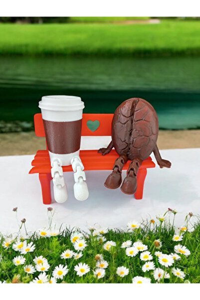 Cute Coffee Love Trinket Set – Coffee Cup & Coffee Bean Figure, Sitting on the Bench