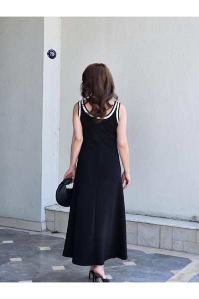 Felix Butik FELİX13681 Askılı Beyaz Şeritli Yandan Yırtmaçlı Siyah Elbise