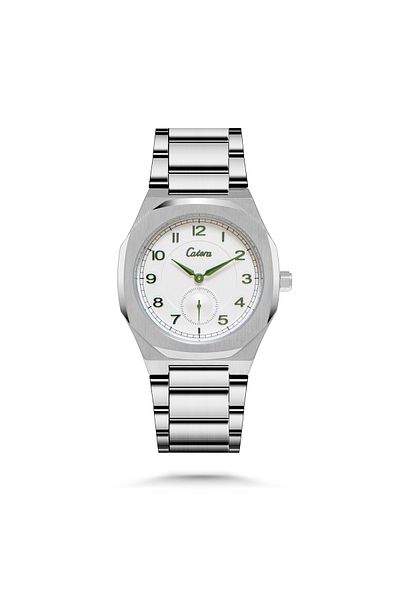 catera Men's silver steel watch with green numbers