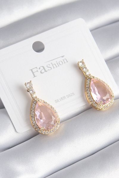 Skygo Brass Gold Color Zircon Stone Detail Drop Pink Zircon Stone Model Women's Earrings - TJ-BKP8440