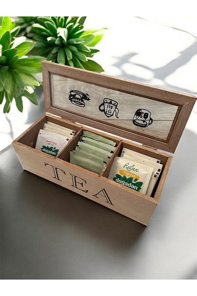 AHİR TİCARET 3 Compartment Bamboo-Wooden Lid Tea Box