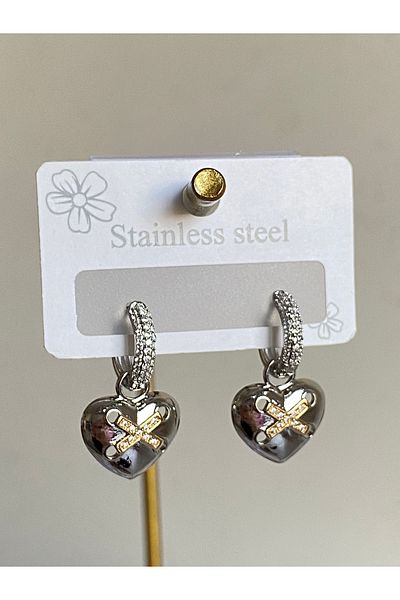 Çelik Heart Steel Earring with Zircon Stone