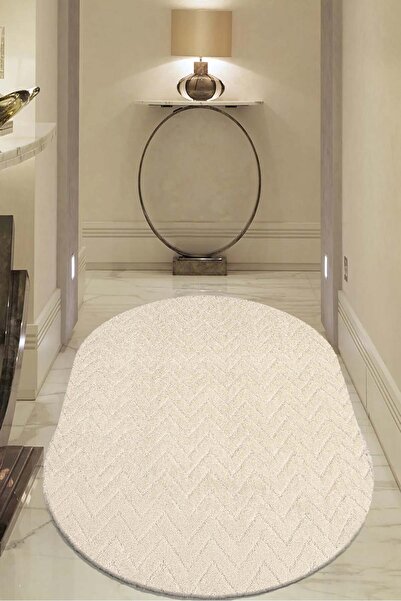 Raschel Carpet Moopy Oval Krem Bukleli Yumuşak Zikzak Dokuma Yolluk Halı Salon Halısı LP6497_KREM