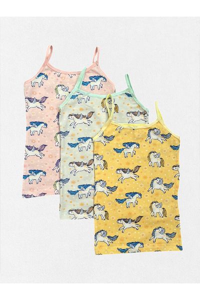 elmas kids Girl's 100% Cotton Thin Strap Green Yellow Pink Color Winged Horses Heart Patterned 3-Piece Undershirt