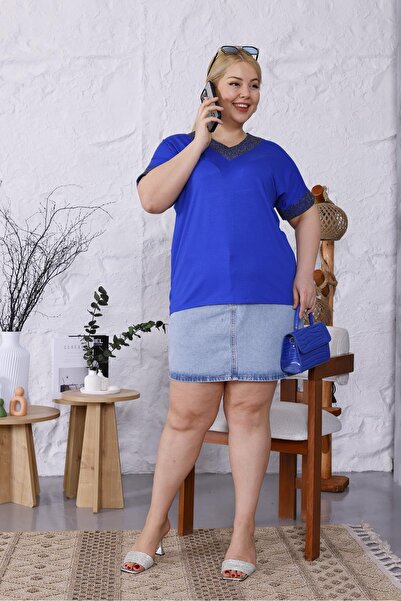 Siyezen Large Size V-Neck Collar Sleeves Glitter Blouse