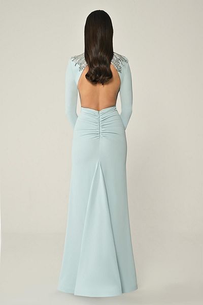 ALFABETA Long crepe evening dress with long sleeves and a low back