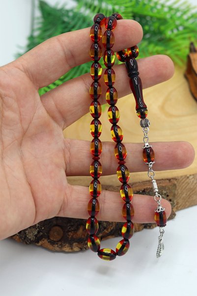 Midyat Nurtaş Gümüş Yellow Red Vernier Alpaca Tasseled Barley Cut Powder Amber Prayer Beads 201024098