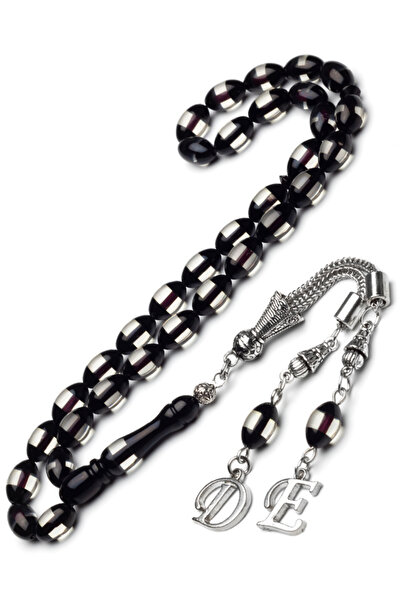 OTTOTESBİH Erkek 7x11mm Harf Püskül Siyah Sürmeli Toz Kehribar Tesbih