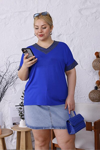 Siyezen Large Size V-Neck Collar Sleeves Glitter Blouse