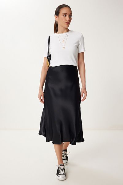 Lovelyİstanbul Fusta Midi din satin NEGRĂ LHC0013