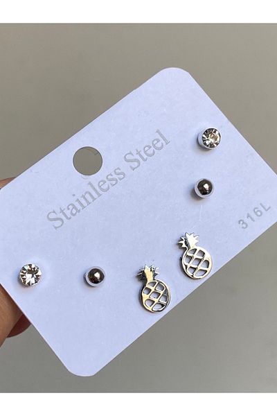 Çelik Set of 6 Pineapple Steel Earrings