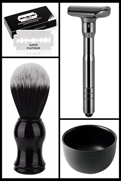 Qualis ماكينة حلاقة يدوية معدنية كاملة Q17 + فرشاة F2 + وعاء + 5 شفرات حلاقة ...