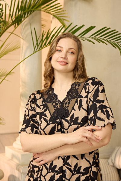 Miss Meryem Yaprak Desenli Bej Ring Viskon Kısa Kol Elbise