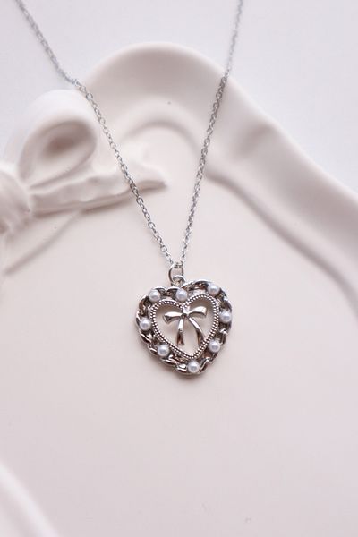 EFBUTİK Silver Color Chain Pearl Heart Bow Imported Necklace