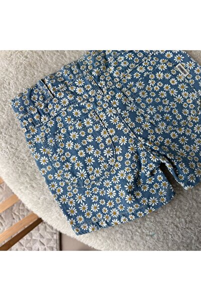 Overdo Kız Çocuk Papatya Baskılı Mavi Kot Şort