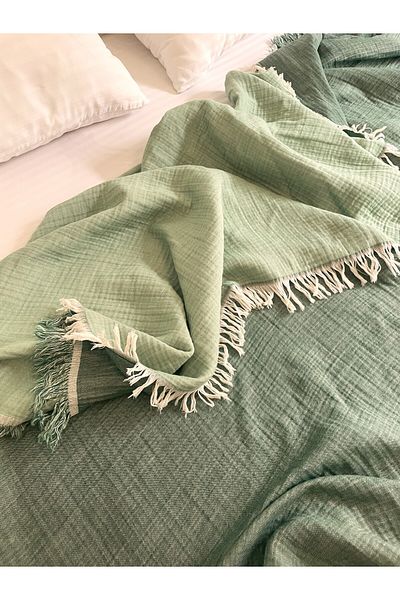 Mujo Home Collection Double Sided Organic Cotton 4 Layer Muslin Blanket & Bed and Sofa Cover – Green & Mint
