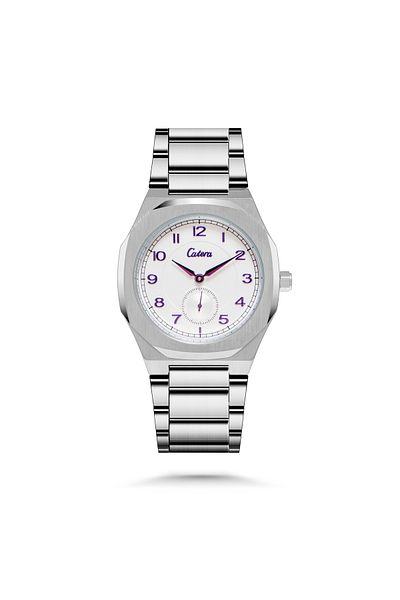 catera Men's silver steel watch with purple numbers