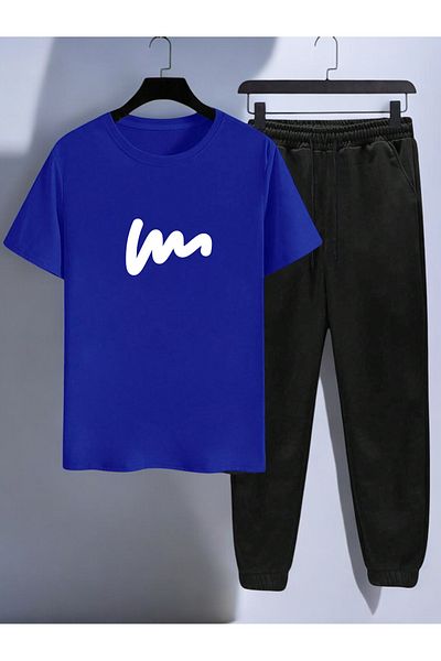 uyguntarz Unisex W Text Design bedrucktes T-Shirt-Trainingsanzug-Set