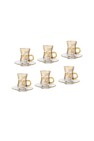 Byblos A Transparent Glass Turkish Tea Set Consisting Of 6 Cups And 6 Saucers With Golden Decor