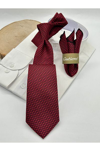 Gutiero Claret Red Patterned Classic Tie with Handkerchief