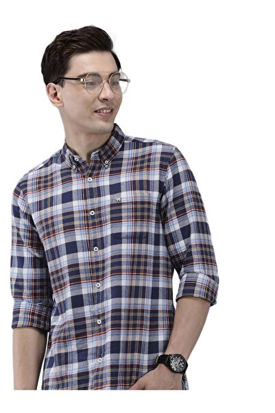 The Bear House قميص رجالي بقصّة Slim Fit منقوش باللون الأزرق، مناسب لكل المنا...