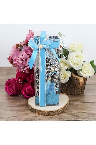 İkranur Gift Silk Twist Prayer Rug, Pearl Prayer Beads, Special Acetate Box (20×8) Religious Set Blue