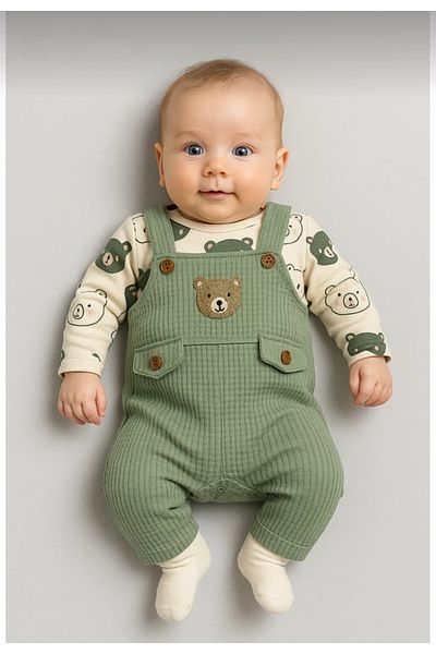 Uğur bebe Bear Patterned Baby Boy Rompers 3-Piece Rompers Set (Zıbın Rompers Socks) 3-6-9 Months Baby Outfit Green Color
