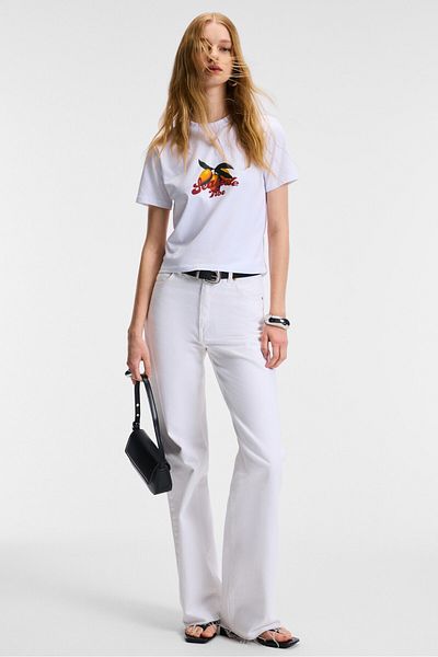 GRIMELANGE Elvera Women's 100% Cotton Comfort Fit Printed Short Sleeve Round Neck White T-Shirt