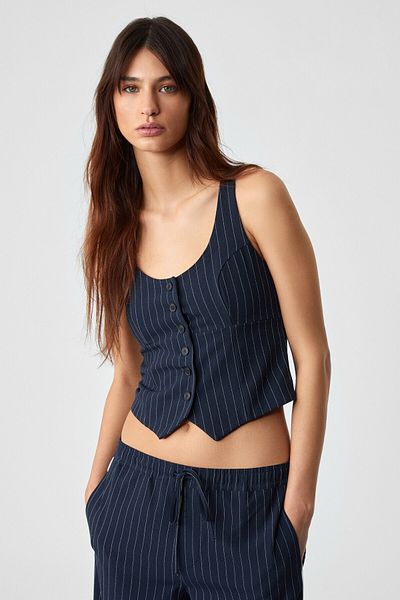 GRIMELANGE Bryenmes Women's Regular Sleeveless Hollow Neck Slim Navy Blue Vest