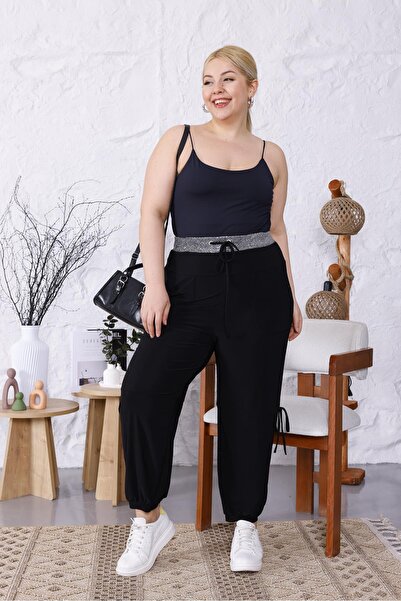 Siyezen Large Size Waist Shiny Pocket Lace up Loose Trousers