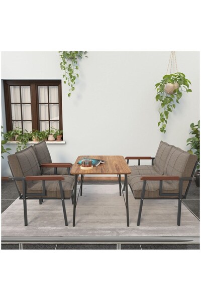 Mygusi Modern Balkon, Bahçe, Cafe - Metal Kanepe Koltuk Takımı - 2 1 1 60x90cm Masalı - Cappucino