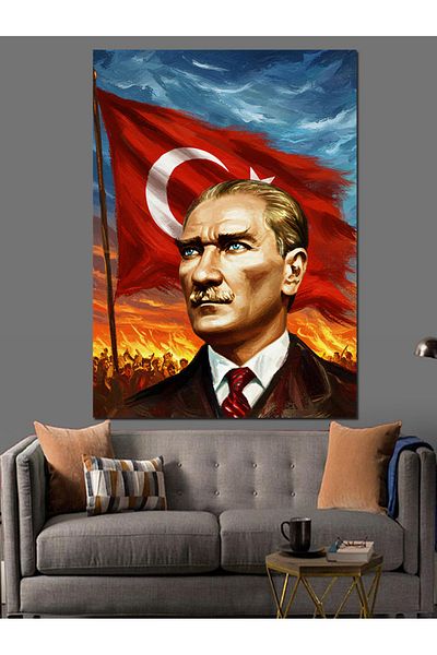 Tablomega Mustafa Kemal Atatürk and Flag Decorative Canvas - Mdf Wooden Painting